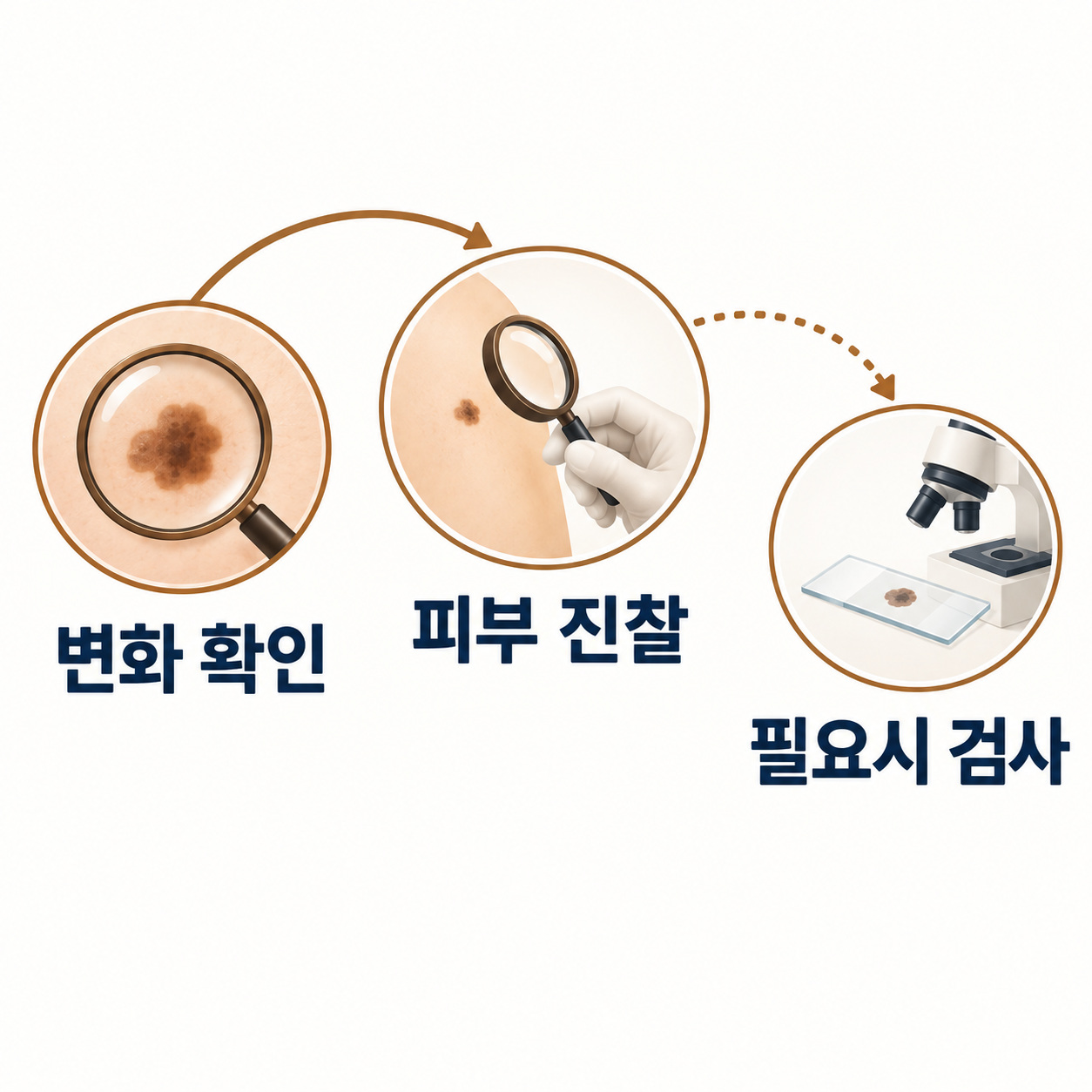점의 변화 확인과 피부 진찰을 거쳐 필요한 검사를 결정하는 순서 그림