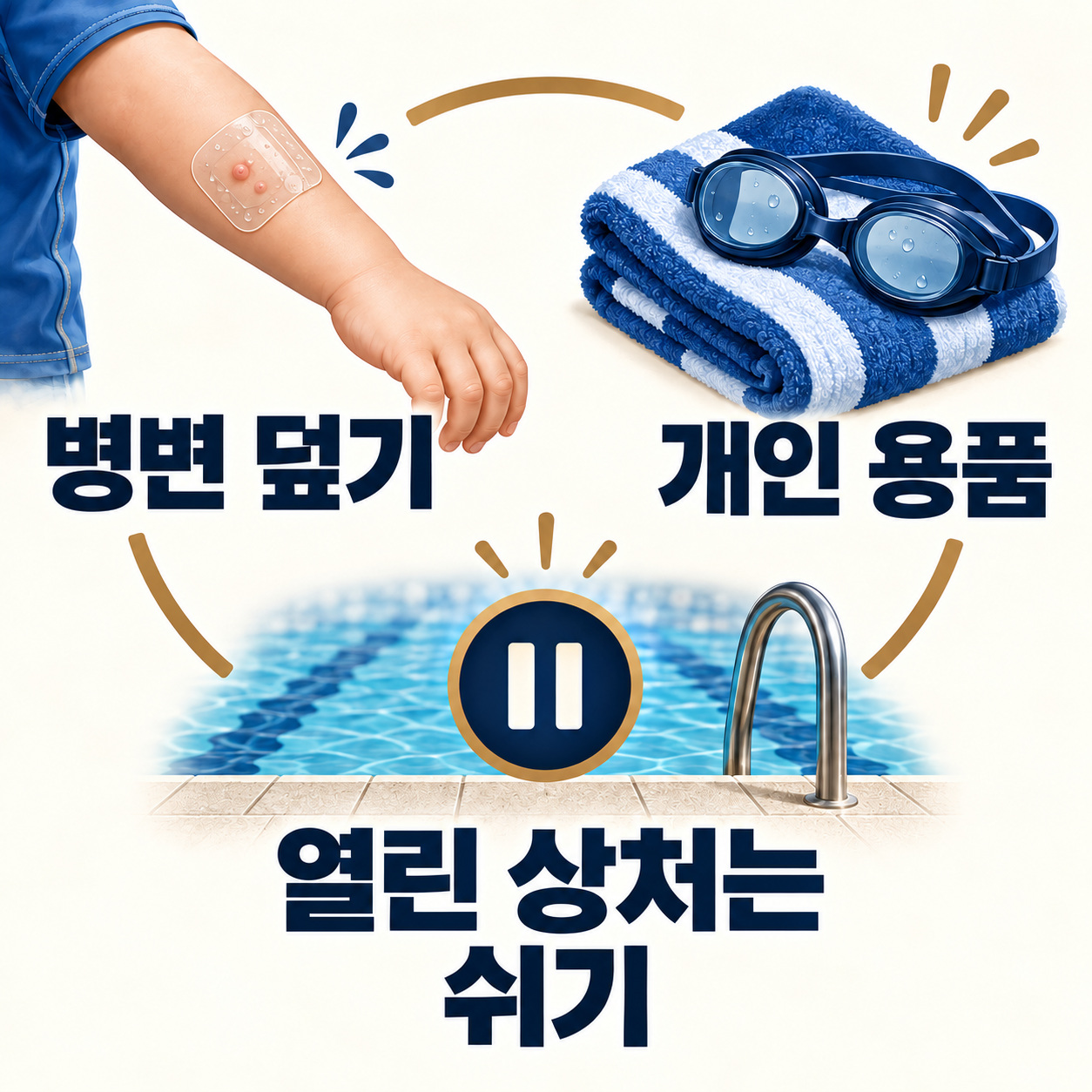 물사마귀 병변을 덮고 개인 용품을 쓰되 열린 상처가 있으면 수영을 쉬는 안내 그림