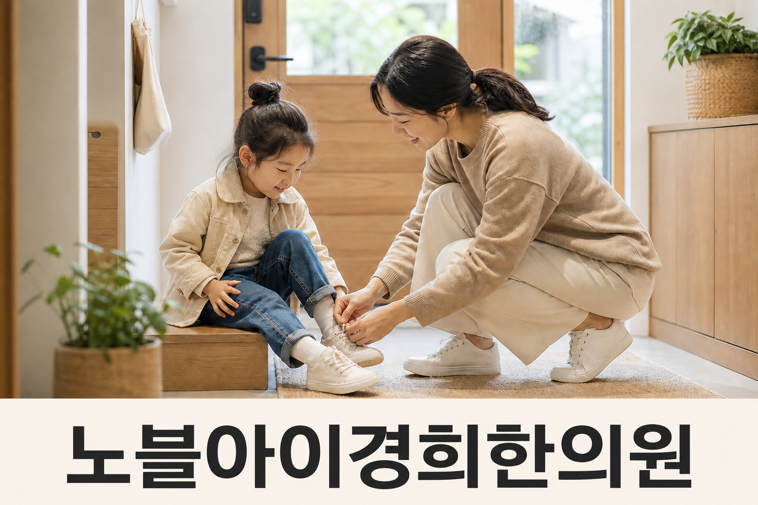 외출 전 아이의 운동화 끈을 묶어주는 보호자