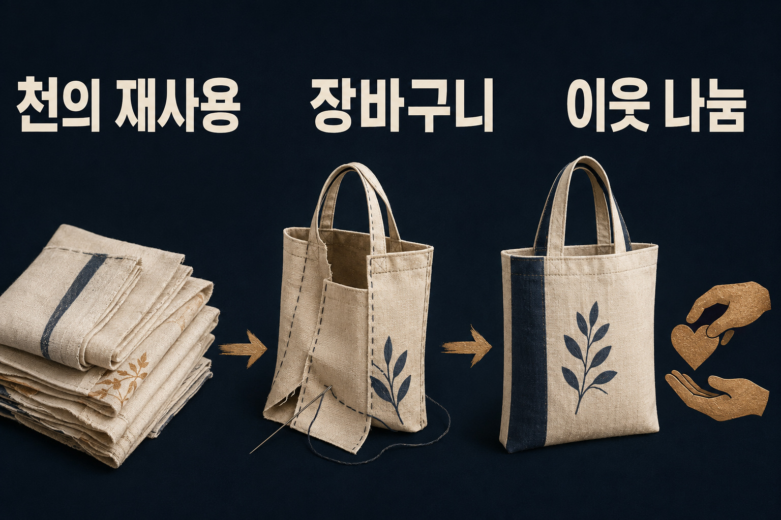 기부한 천을 장바구니로 다시 만들고 이웃에게 나눌 예정임을 설명하는 도식: 천의 재사용 · 장바구니 · 이웃 나눔