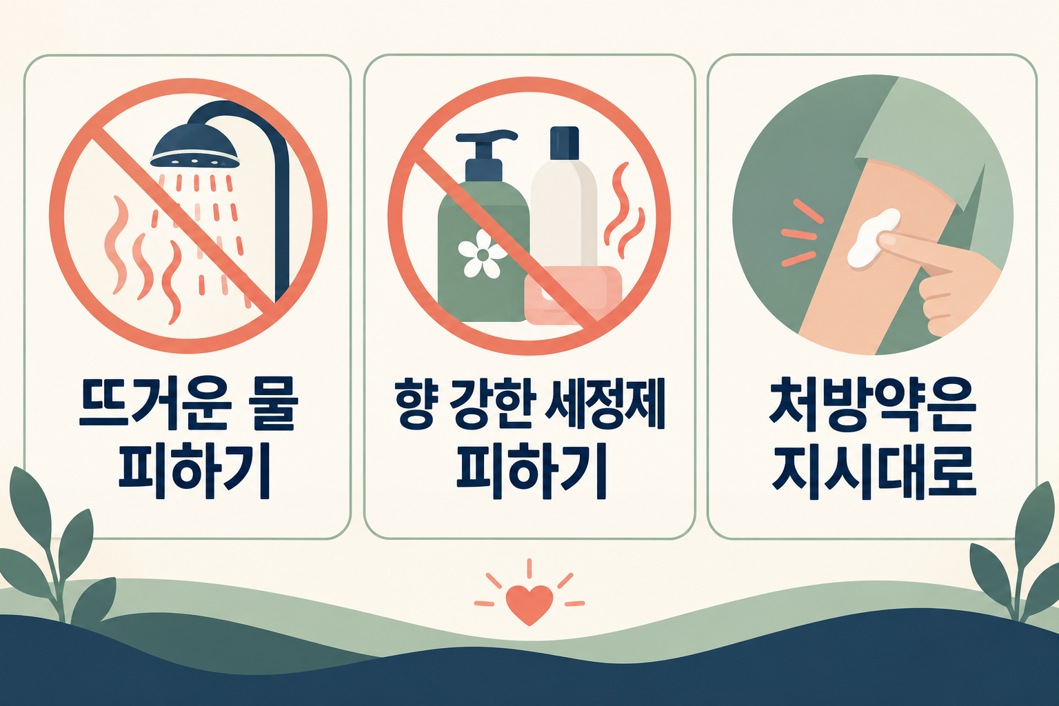 뜨거운 물과 향 강한 세정제를 피하고 처방약은 지시대로 쓰도록 안내한 인포그래픽