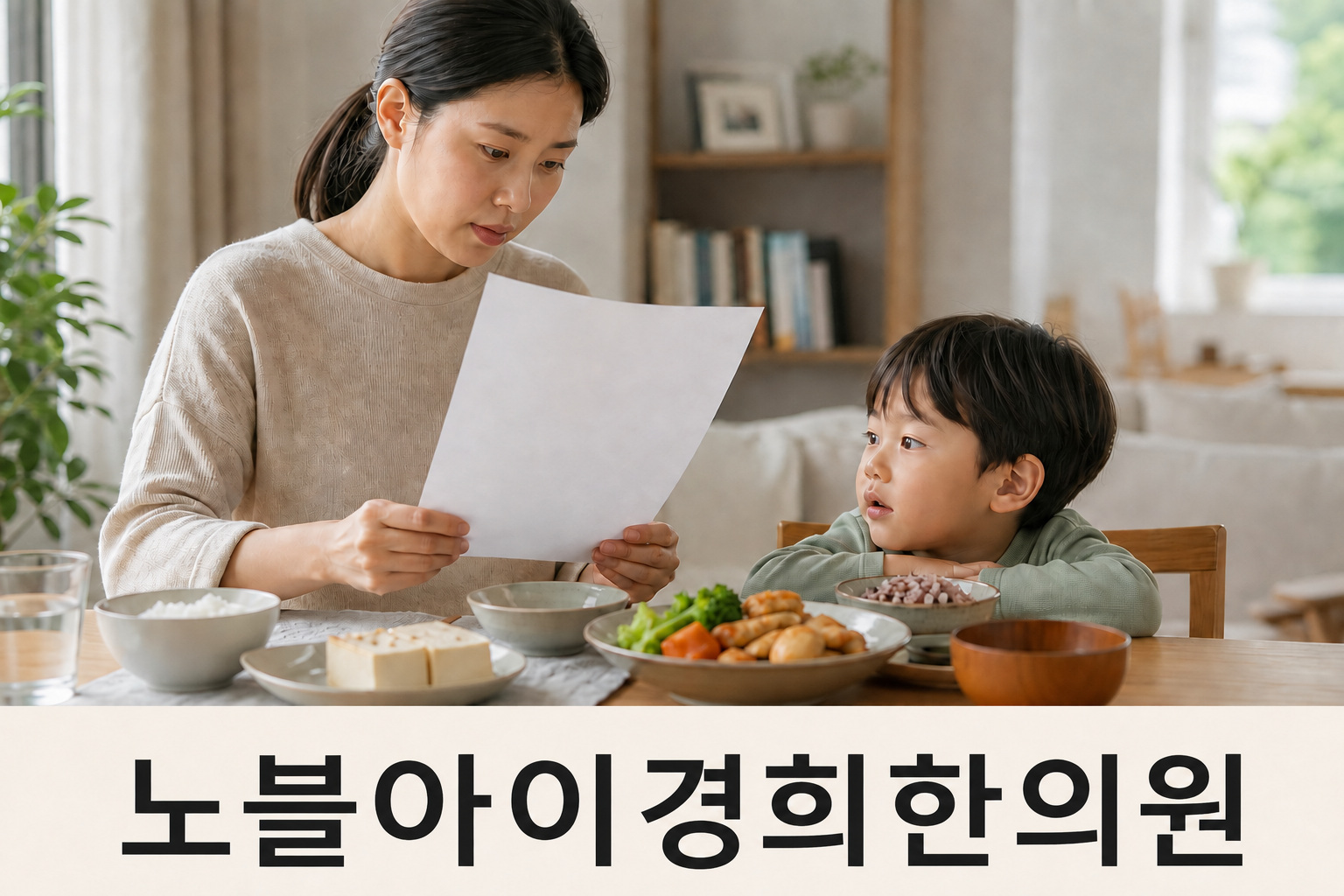 음식이 놓인 식탁에서 자료를 읽는 보호자와 곁에 앉은 아이