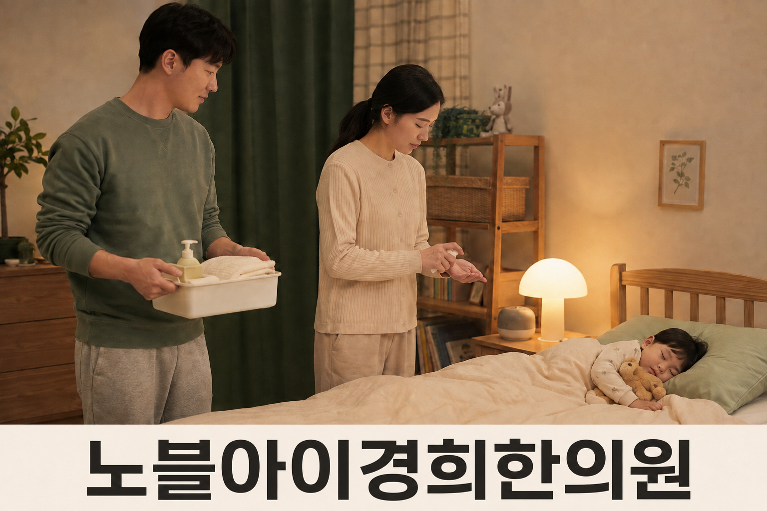 잠든 학령기 아이 곁에서 피부 관리 용품을 함께 챙기는 부모