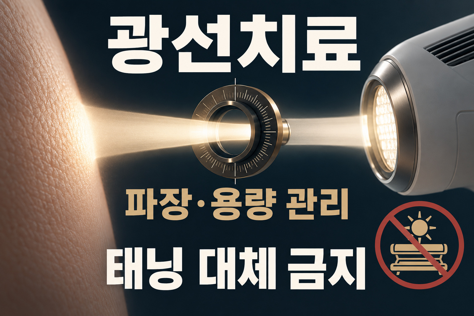광선치료의 파장·용량 관리와 태닝 대체 금지를 설명한 그림
