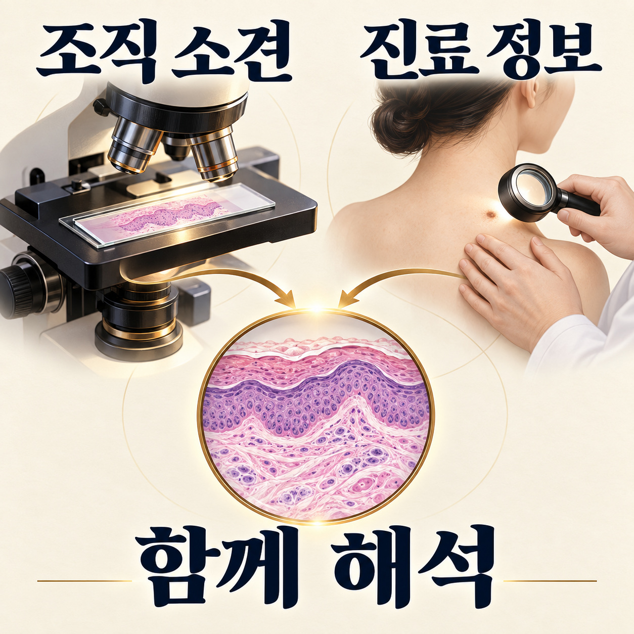 현미경 조직 소견과 피부 진찰 정보를 함께 해석하는 과정을 그린 도식