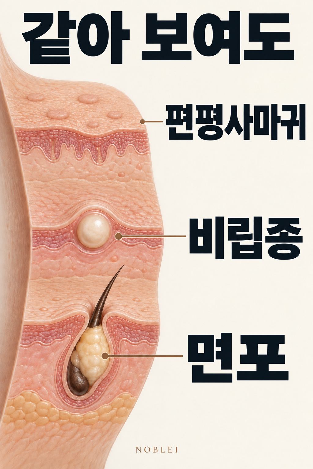 편평사마귀와 비립종, 면포의 서로 다른 형태와 구조를 나타낸 개념 그림