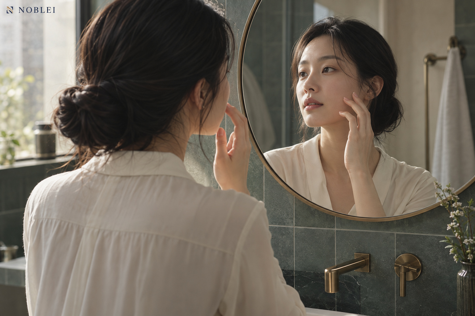 거울 앞에서 볼의 피부를 누르지 않고 살펴보는 성인