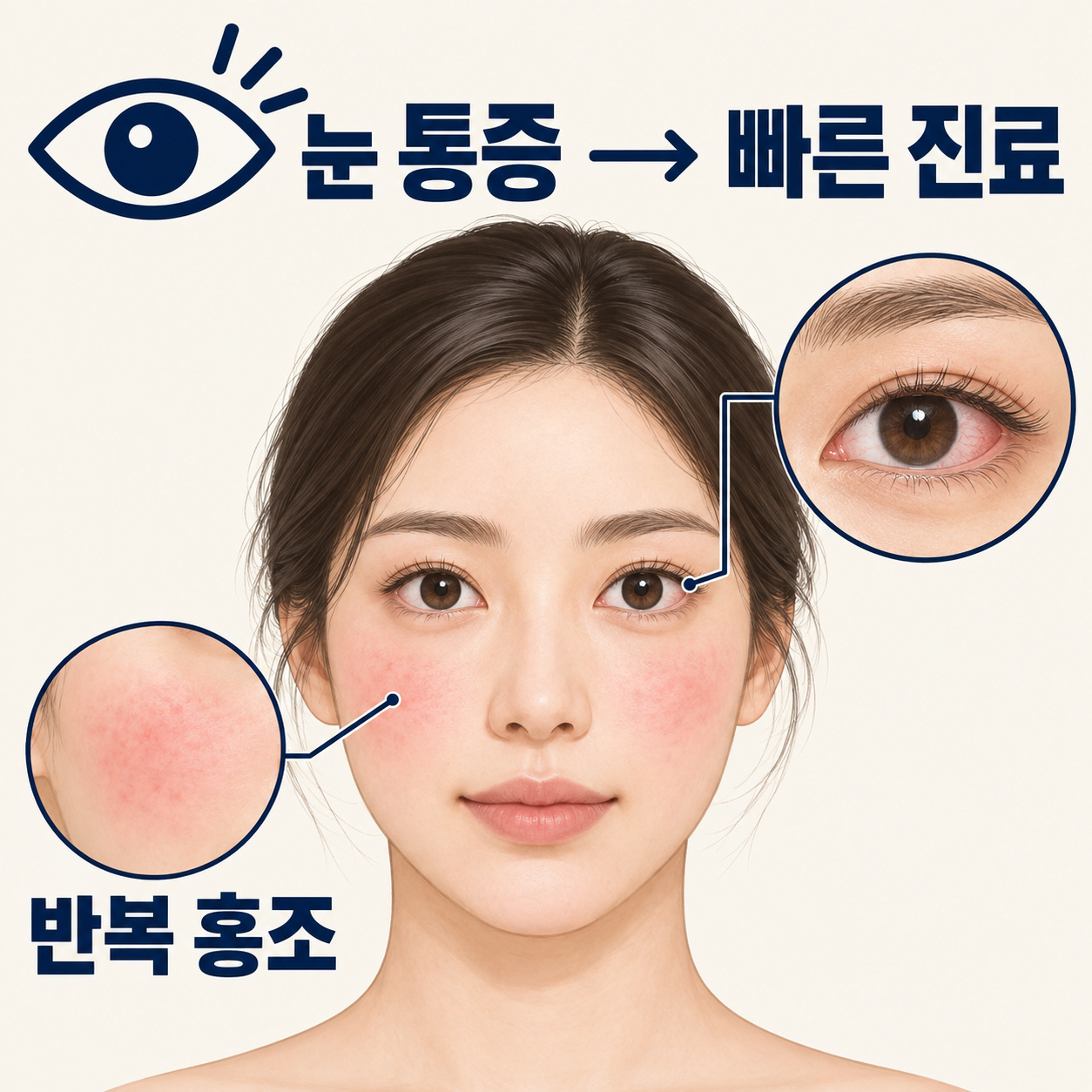 반복되는 얼굴 홍조와 눈 통증을 구분하고 눈 통증에는 빠른 진료가 필요함을 보여주는 그림