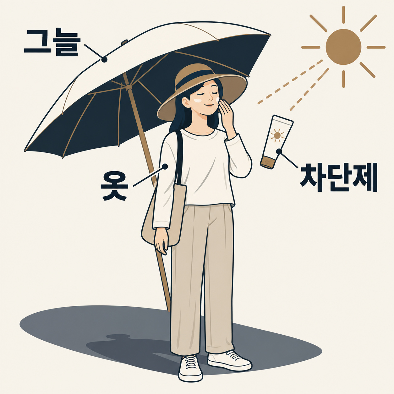 그늘과 긴소매 옷, 자외선차단제를 함께 사용하는 보호 방법을 설명한 그림