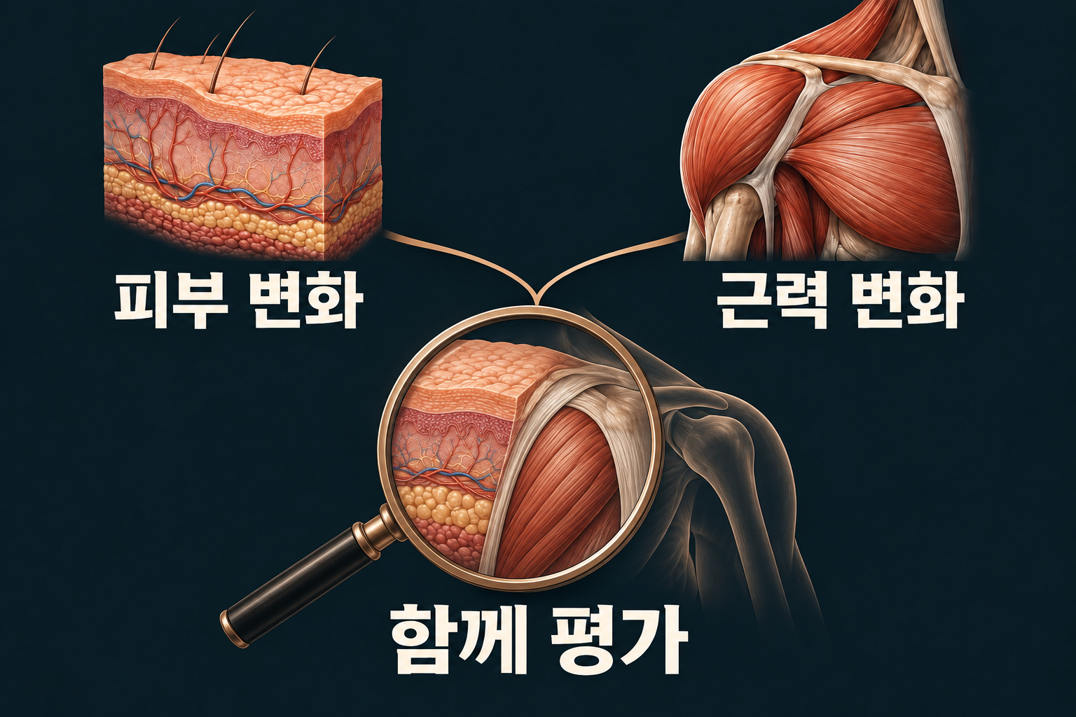피부와 어깨 근육 그림을 함께 살펴보는 확대경으로 연결한 도식