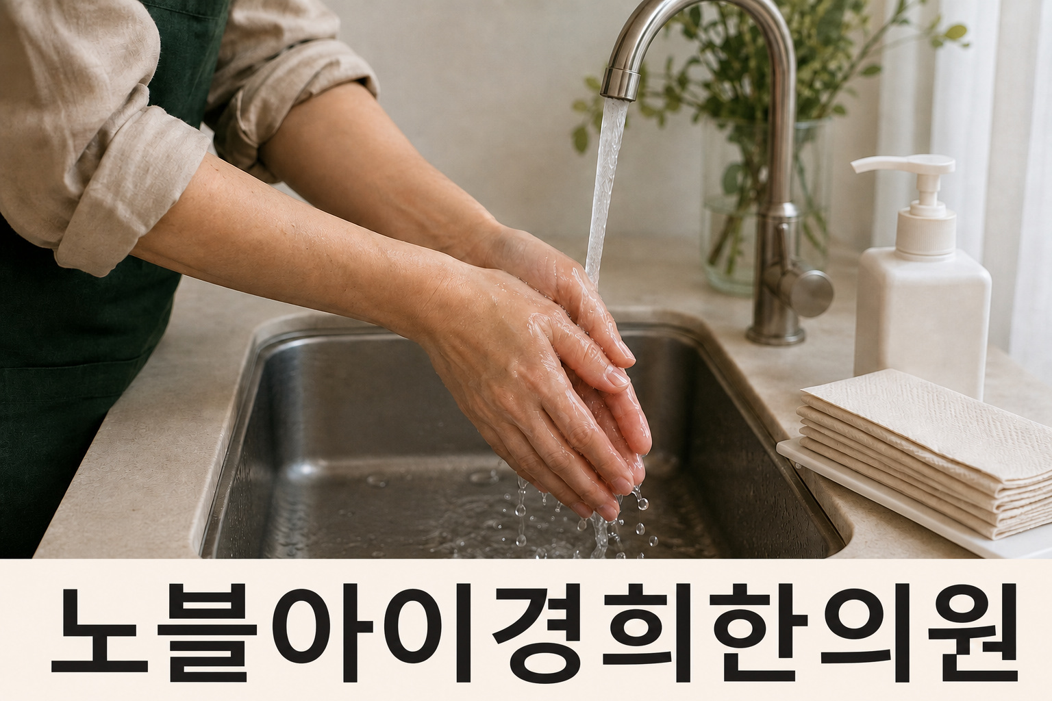 싱크대 흐르는 물에서 손을 씻는 성인의 손