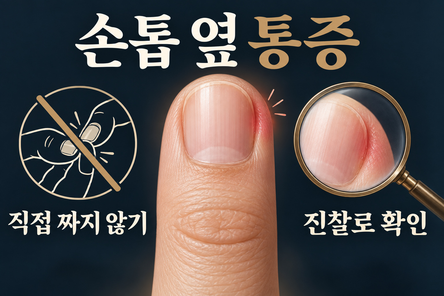 손톱 옆 통증을 직접 짜지 말고 진찰로 확인하도록 설명한 그림