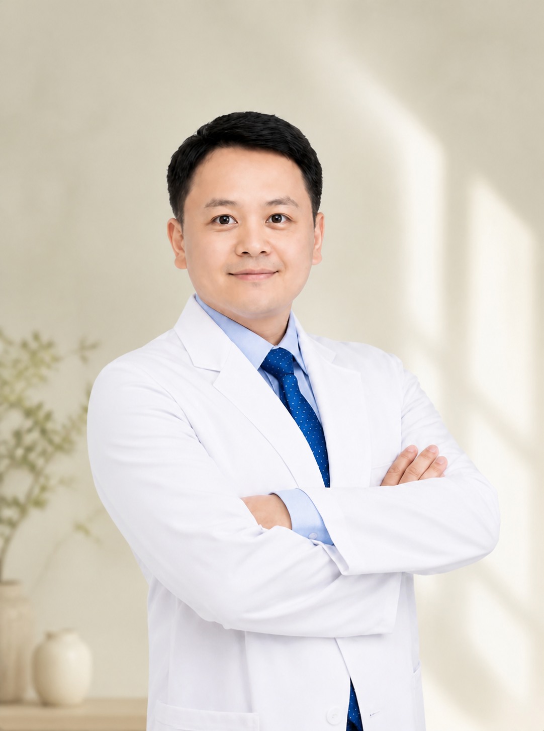 밝은 배경에서 정면을 바라보는 신민우 대표원장의 브랜드 인물 사진