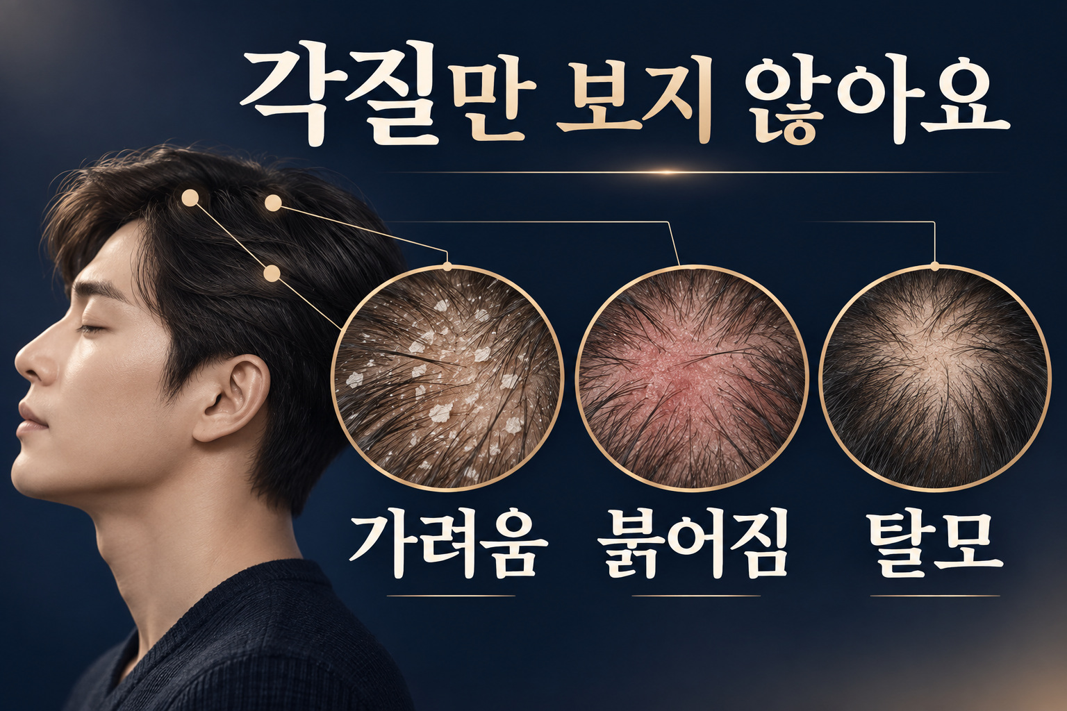 각질과 함께 가려움, 붉어짐, 탈모를 나누어 관찰하는 두피 도식