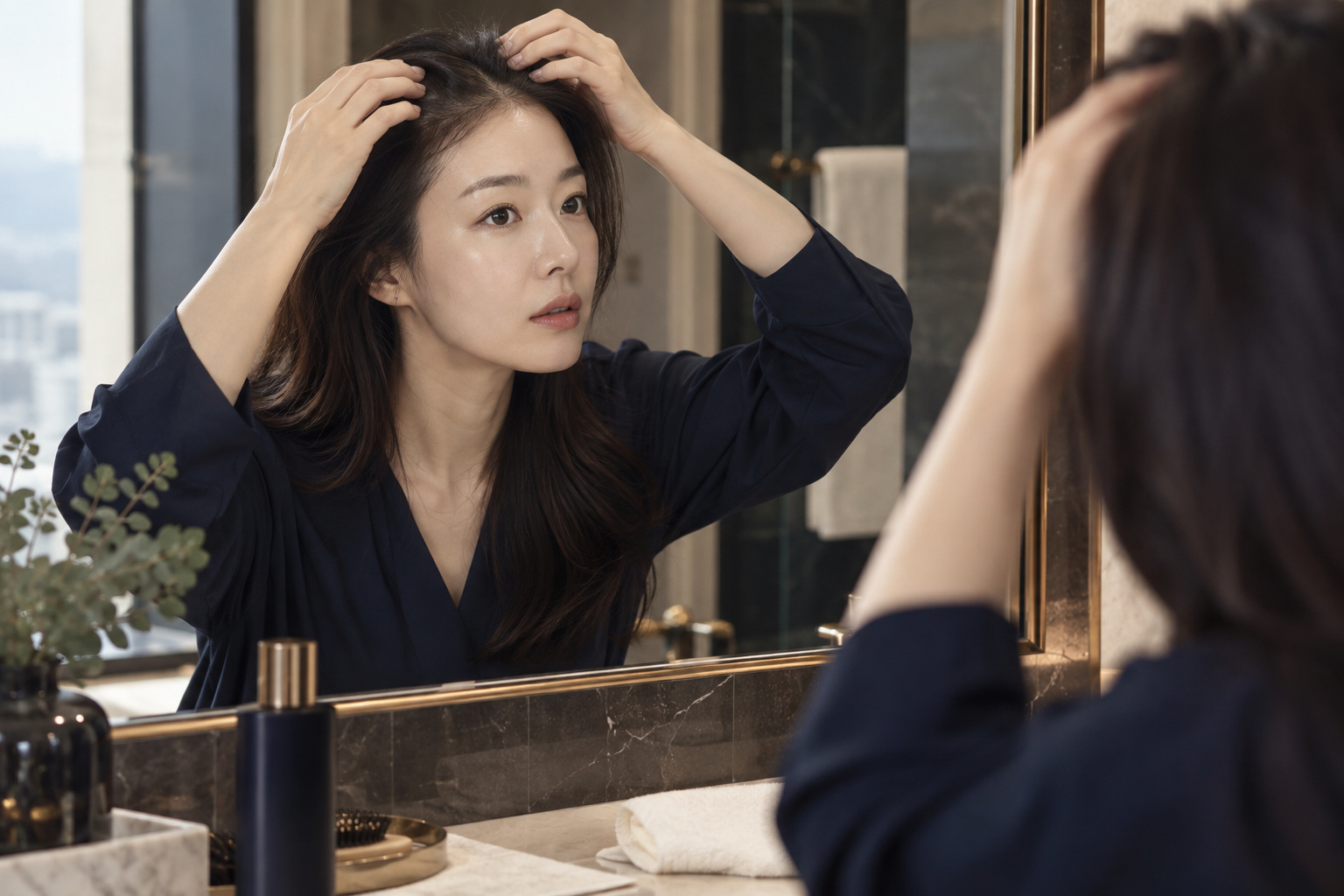 거울에서 머리카락과 두피 상태를 살피는 성인