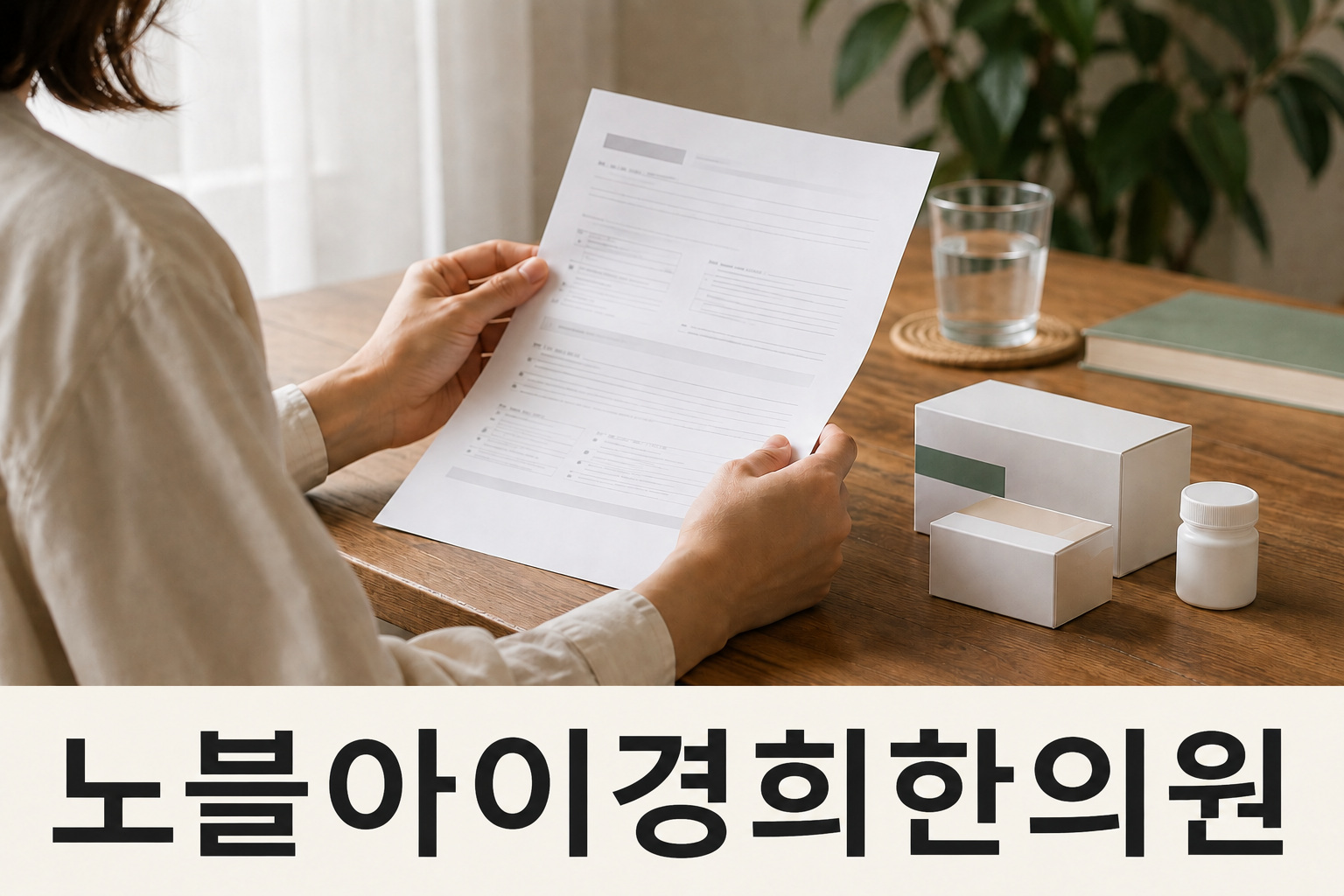 제품 포장과 용기가 놓인 책상에서 자료를 읽는 성인