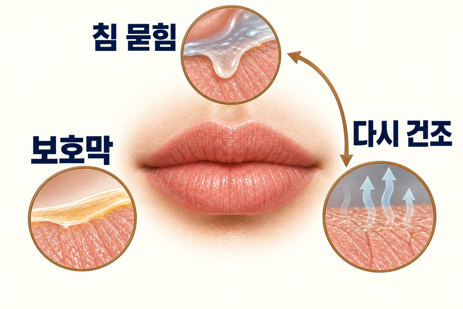 침 묻힘과 다시 건조의 순환 옆에 별도로 표시한 입술 보호막