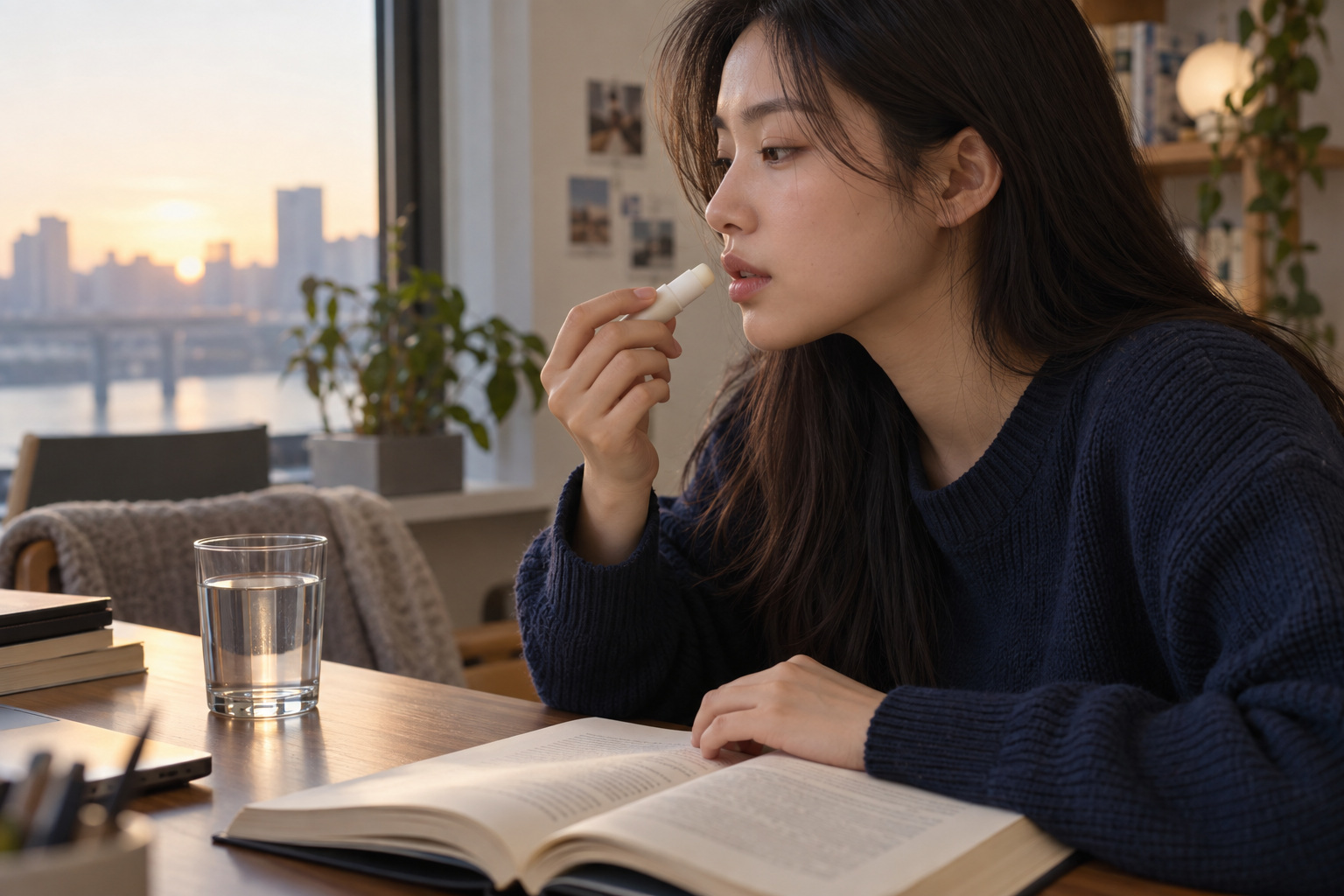 책이 펼쳐진 책상에서 입술 가까이 보습제를 든 성인