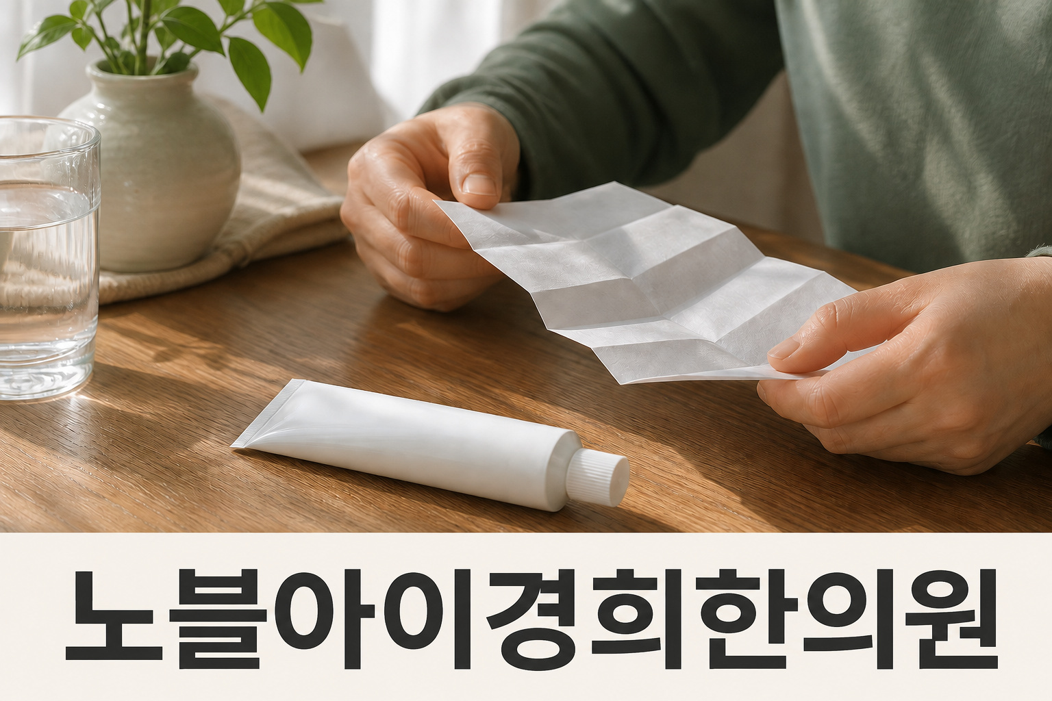 크림 튜브 옆에서 접힌 제품 안내지를 펼쳐 보는 손