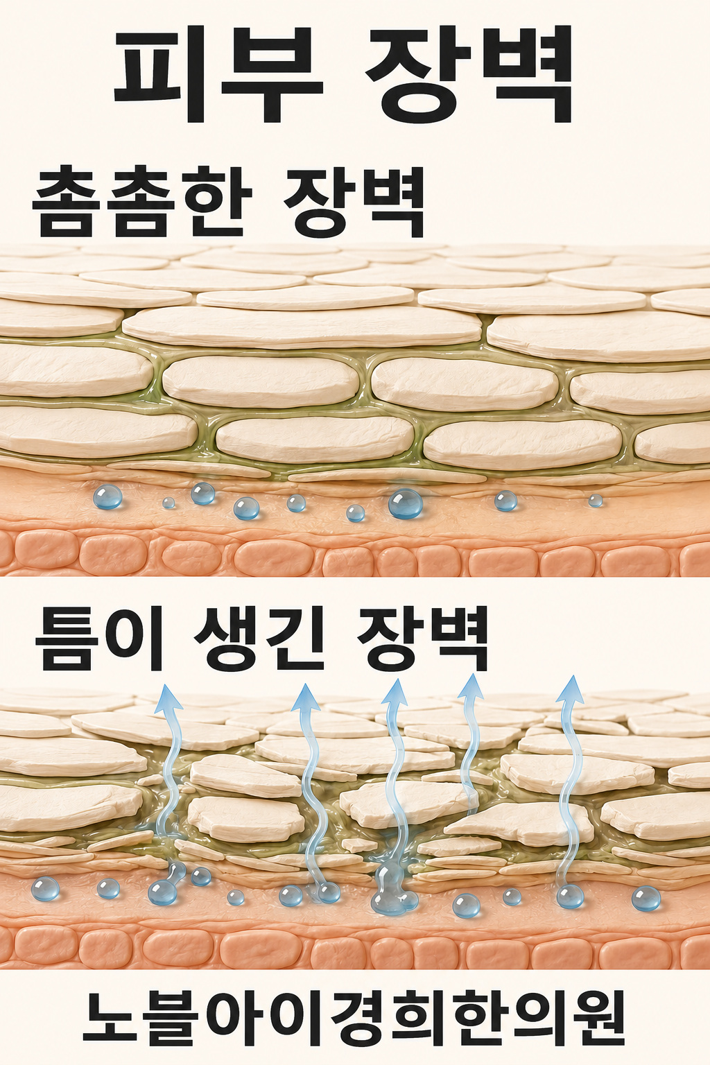 각질층 사이 지질이 촘촘한 장벽과 틈을 통해 수분이 빠져나가는 장벽을 비교한 단면 도식
