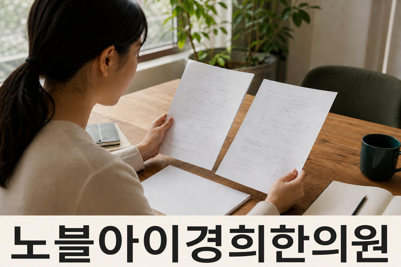 창가에서 서로 다른 인쇄 자료 두 장을 비교해 읽는 성인