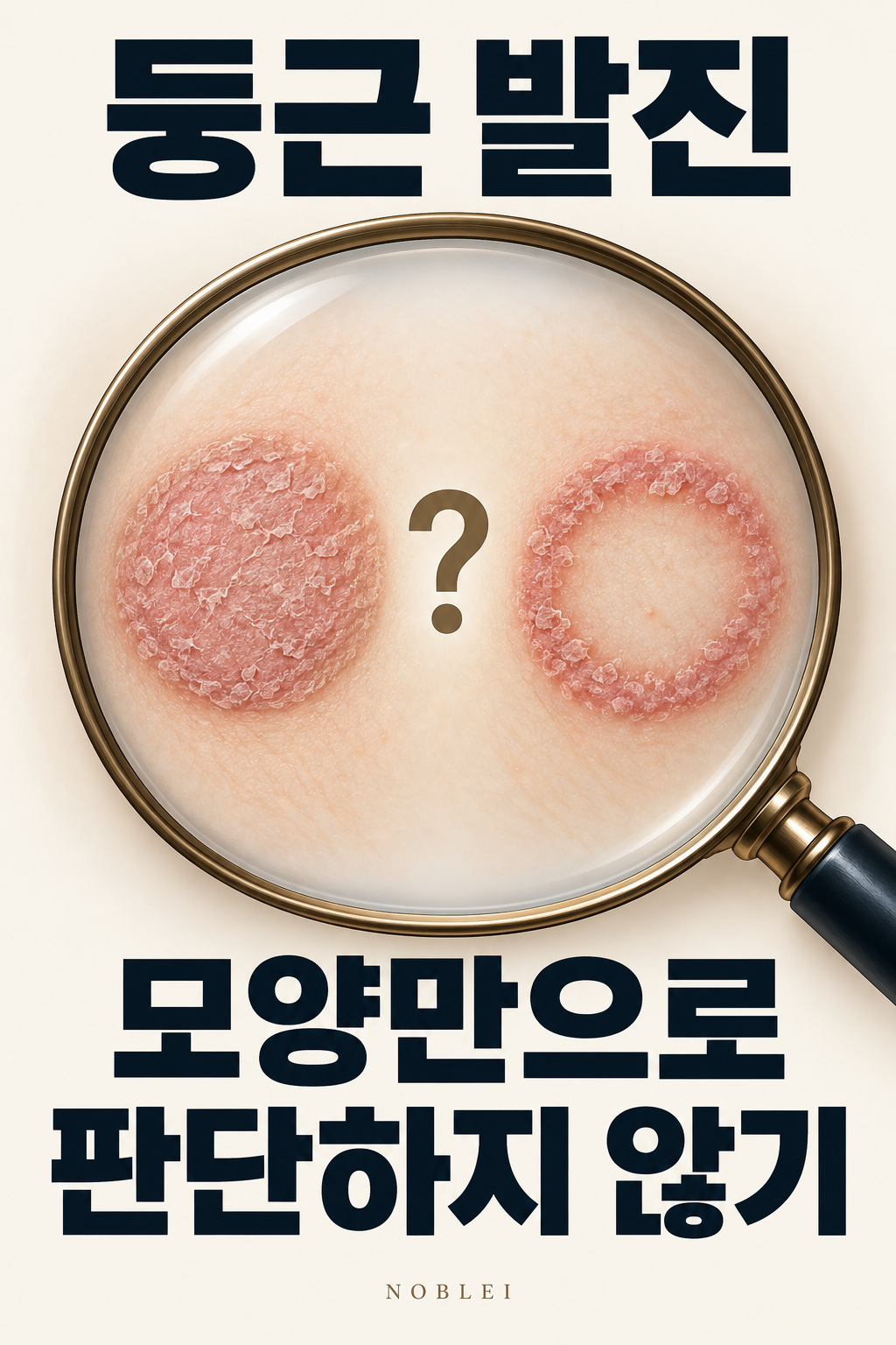 둥근 각질 발진과 고리 모양 발진을 비교하며 모양만으로 진단하지 않도록 설명한 그림