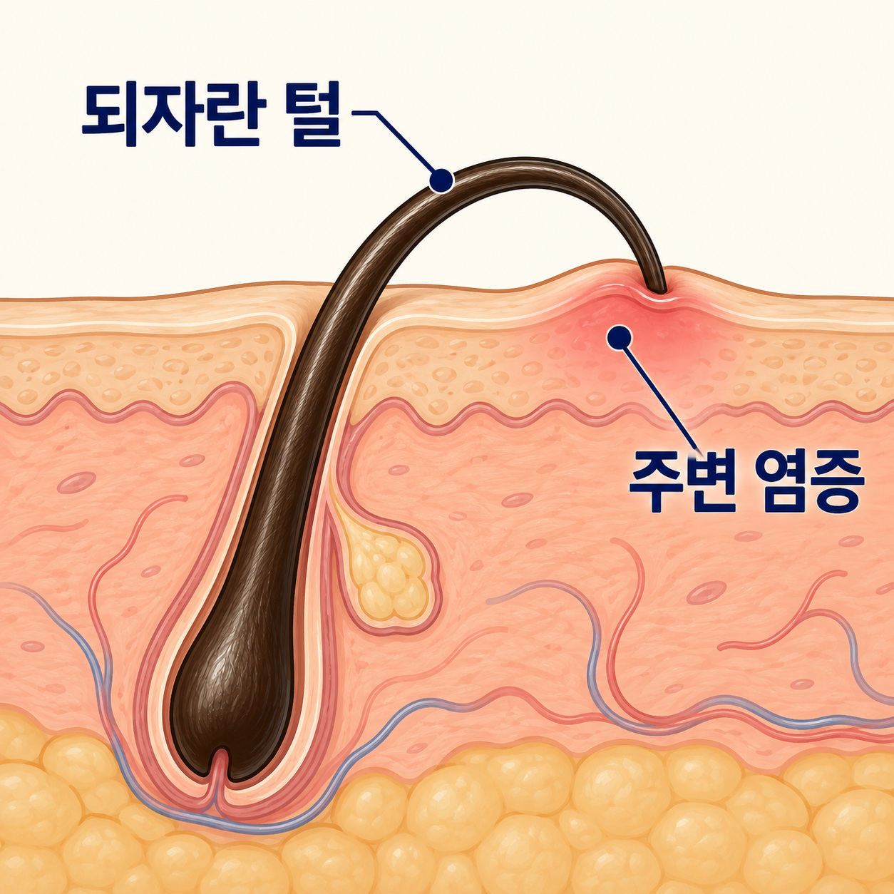 피부로 되돌아 들어간 털과 주변 염증을 구분해 보여주는 피부 단면 그림
