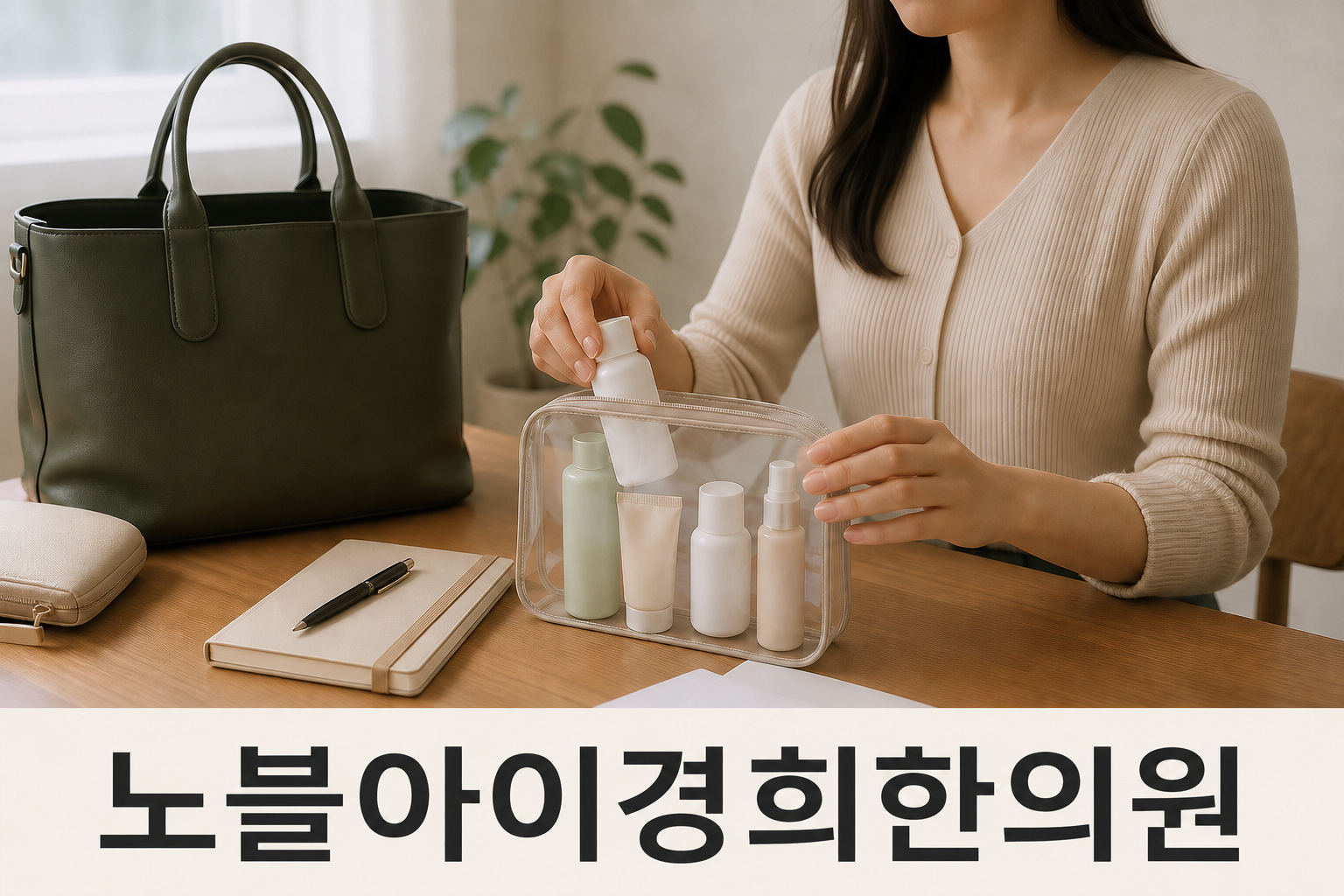 사용하는 피부 관리 제품을 작은 파우치에 모으는 성인의 손