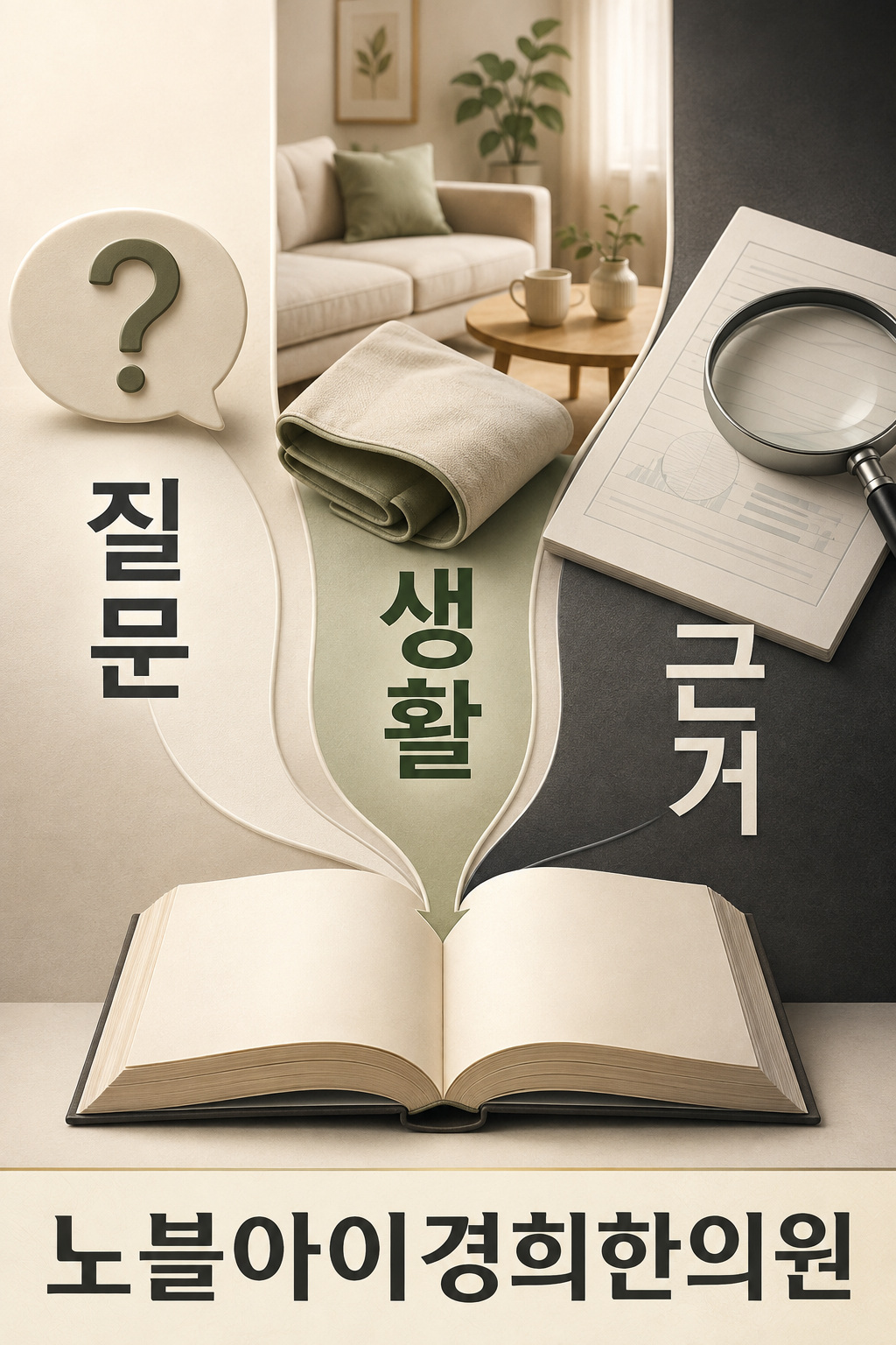 질문과 생활 및 근거라는 읽기 목적을 한 권의 책에 연결한 편집 안내 그림