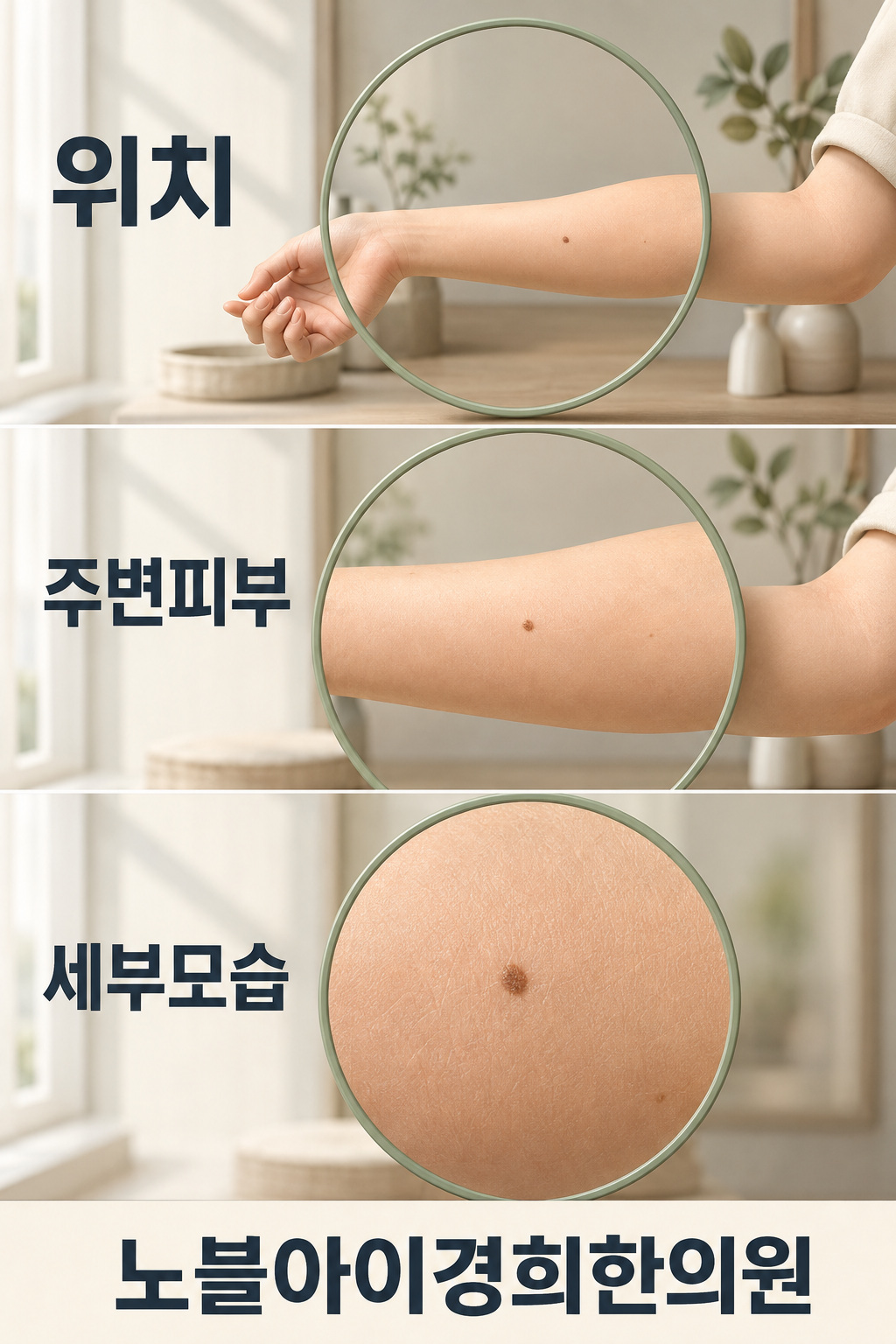 같은 팔을 위치와 주변 피부 및 세부 모습의 세 범위로 나눠 촬영하는 구도