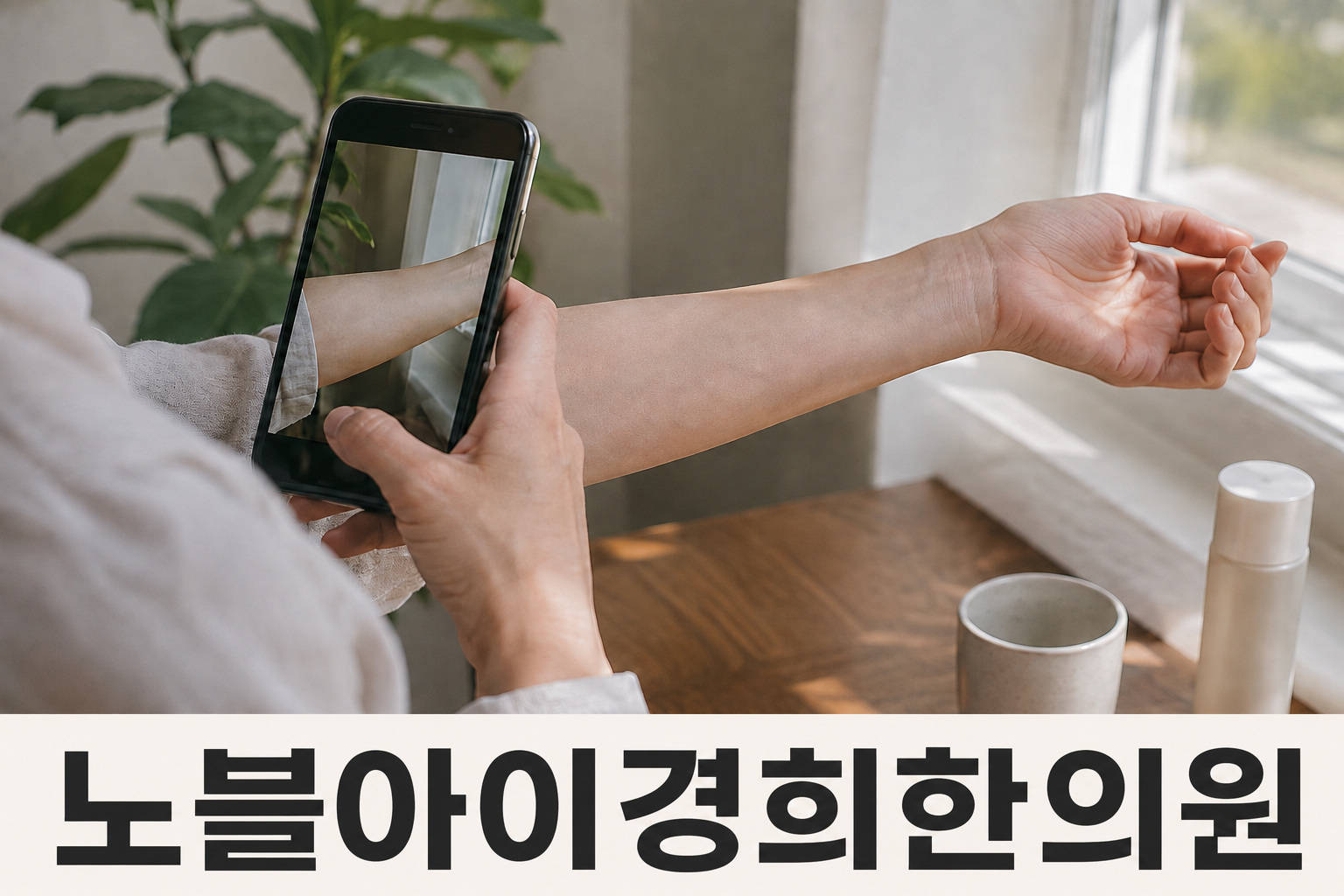 창가에서 자신의 팔 피부를 휴대전화로 촬영하는 성인