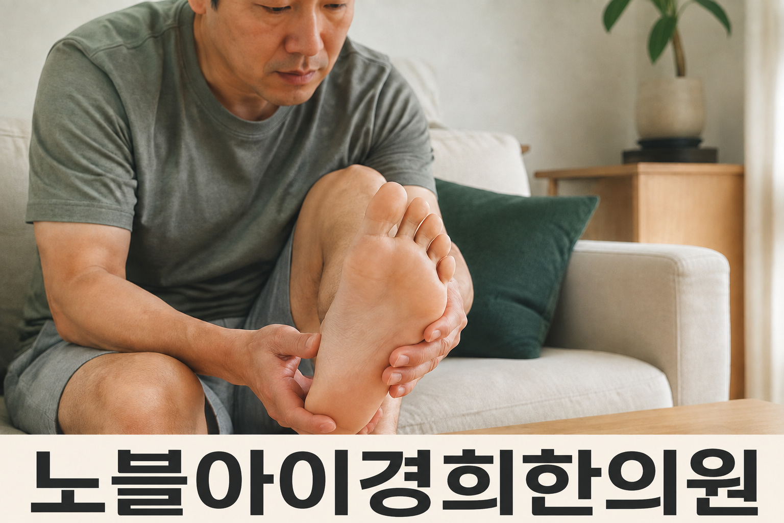 소파에 앉아 자신의 발바닥을 살펴보는 성인