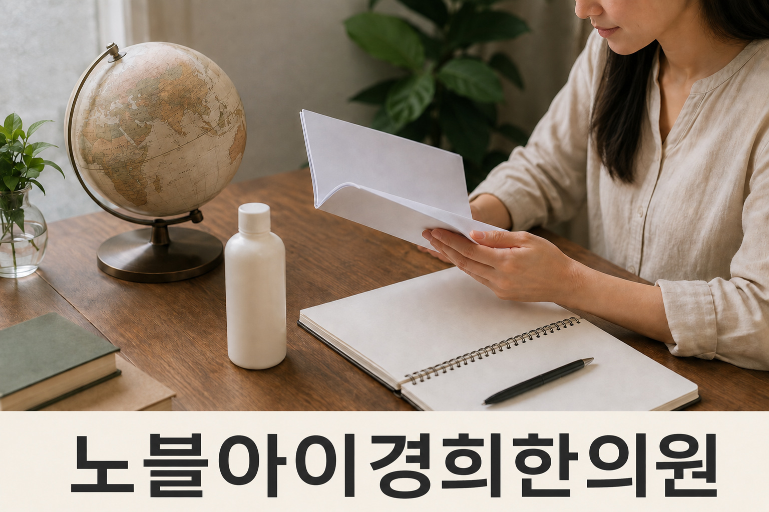 지구본이 놓인 책상에서 자료를 읽는 성인