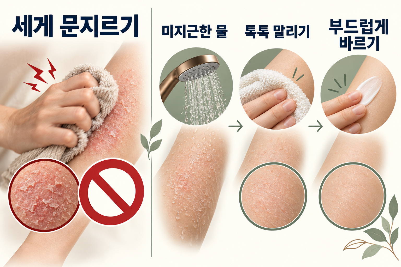아토피 각질을 밀지 않고 부드럽게 씻고 말린 뒤 보습하라는 인포그래픽