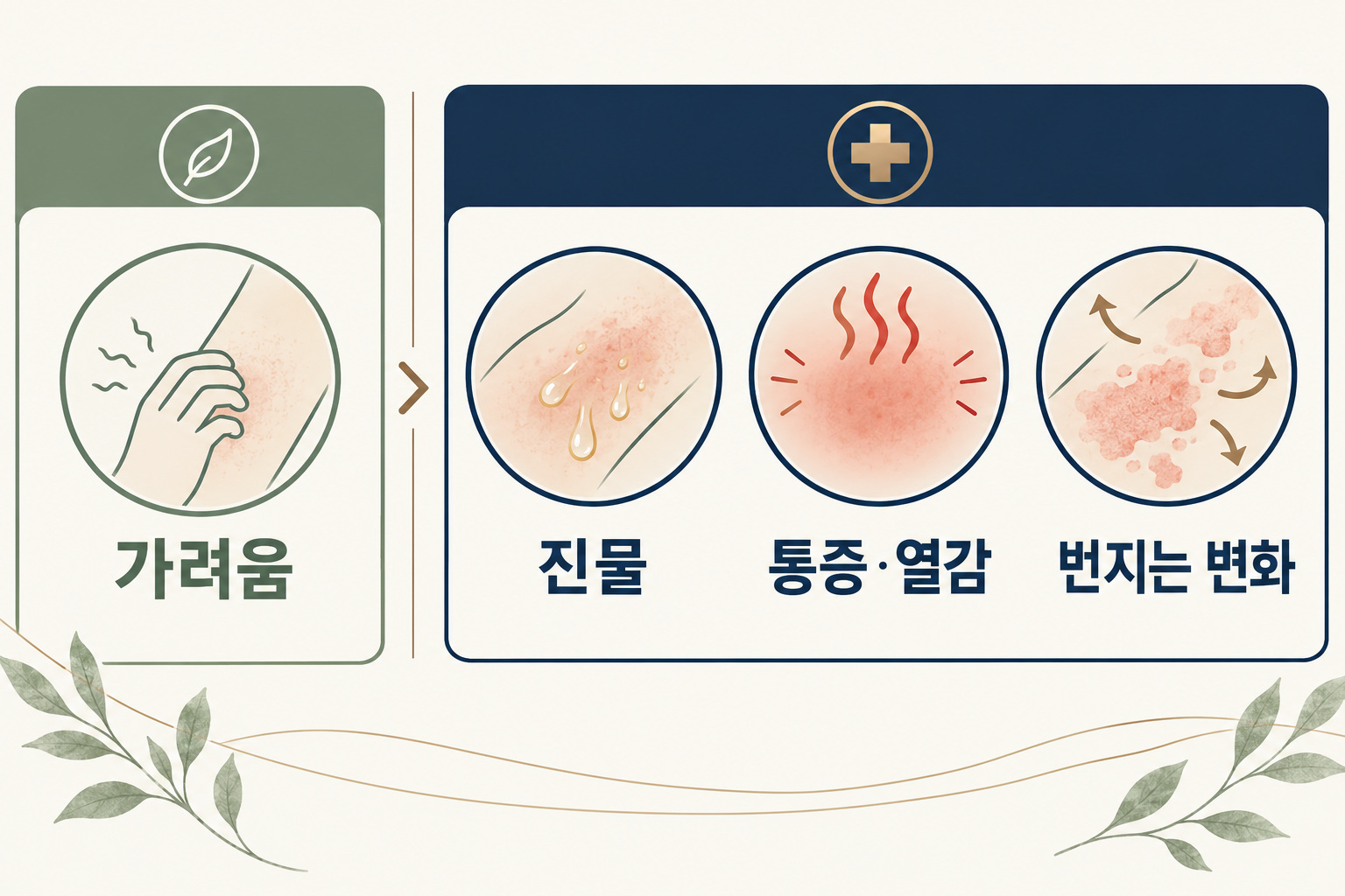 통증·열감·진물과 노란 딱지·빠르게 번지는 물집을 확인하는 피부 위험 신호 인포그래픽