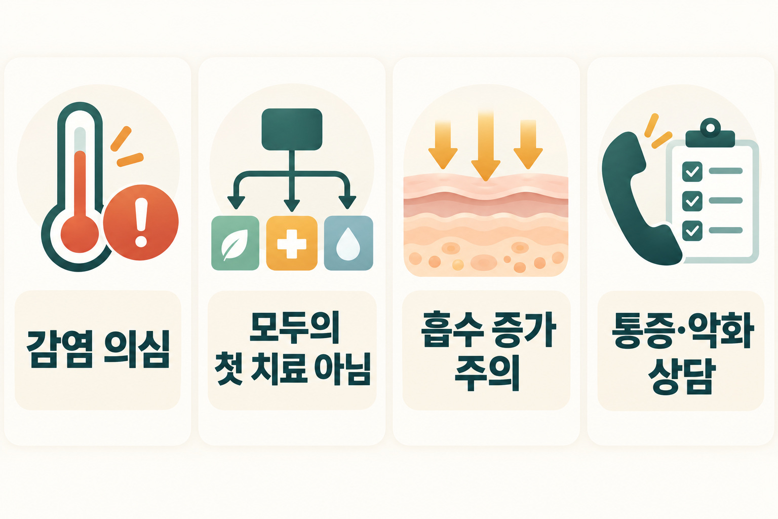 웻랩에서 감염·첫 치료 여부·약 흡수·통증 악화를 확인하는 인포그래픽