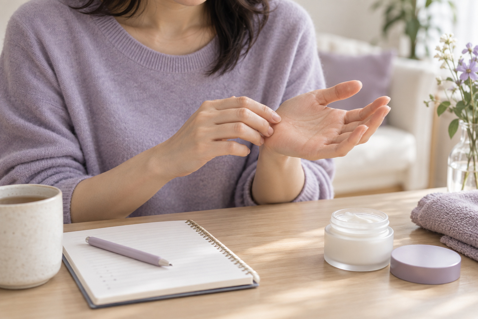 손바닥 작은 물집을 터뜨리지 않고 보습과 증상 기록을 준비하는 비식별 성인