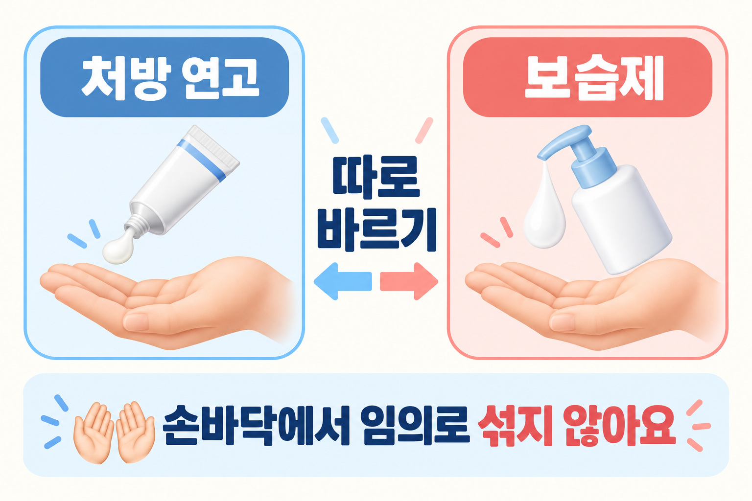 처방 연고와 보습제를 따로 바르고 손바닥에서 임의로 섞지 말라는 인포그래픽