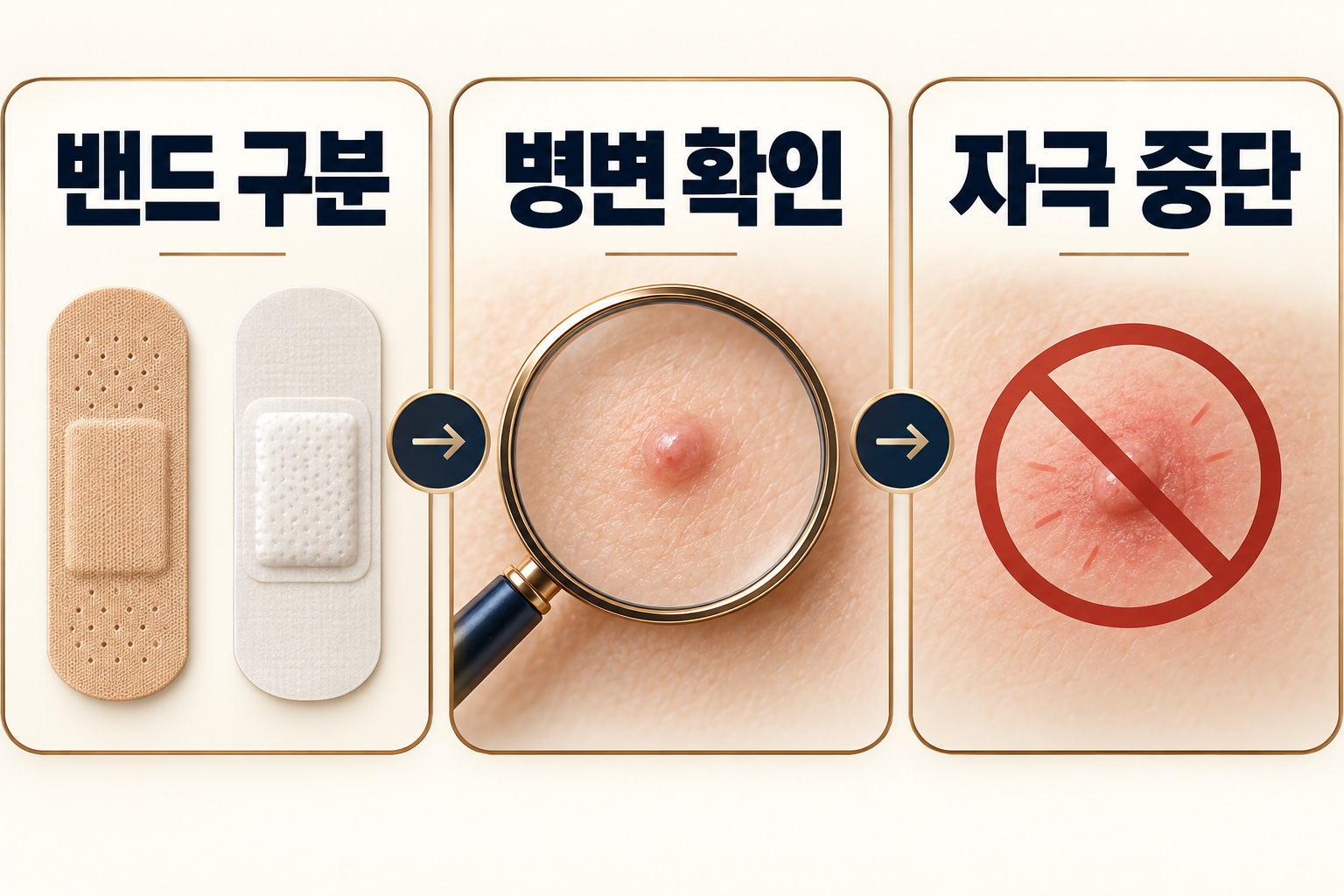 사마귀 밴드 구분·병변 확인·자극 중단 순서를 보여 주는 인포그래픽